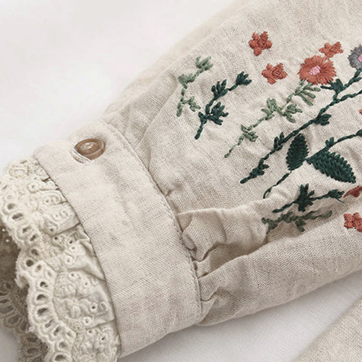 Buddha Stones秋 ベージュ 花柄 草 刺繍 ボタン レディース コットン 長袖シャツ - image 6