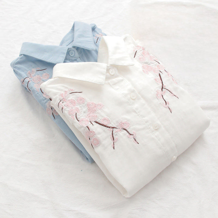 Buddha Stonesと秋のピンクの梅の花の刺繍ボタンレディースコットン長袖シャツ - image 14