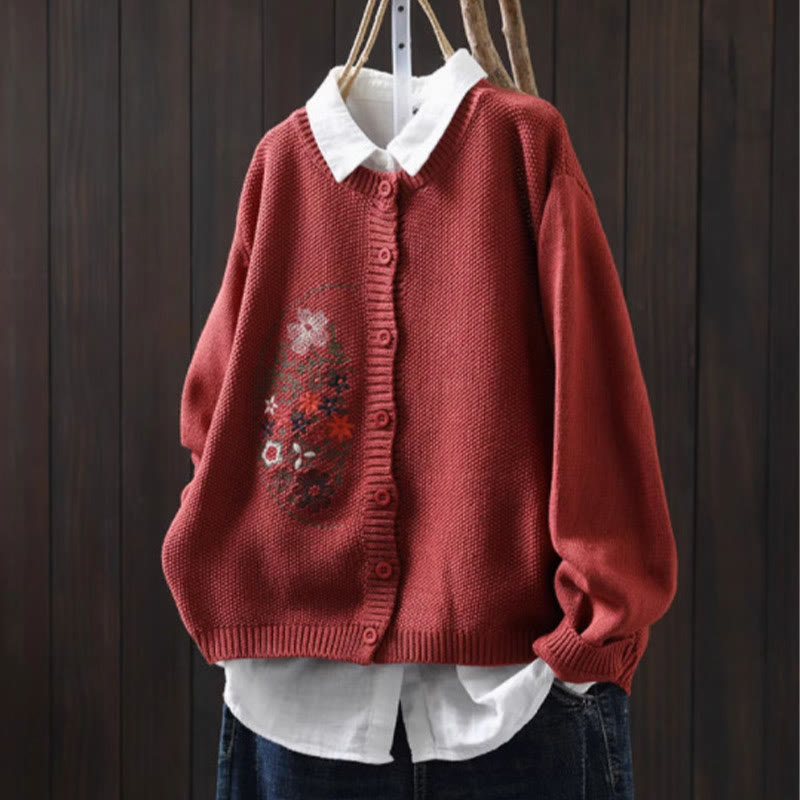 Buddha Stones柄刺繍ボタン コットン レディース 長袖 ニットカーディガン セーター - トマト - US4-6、 UK/AU8-10、 EU36-38 (F) - image 18
