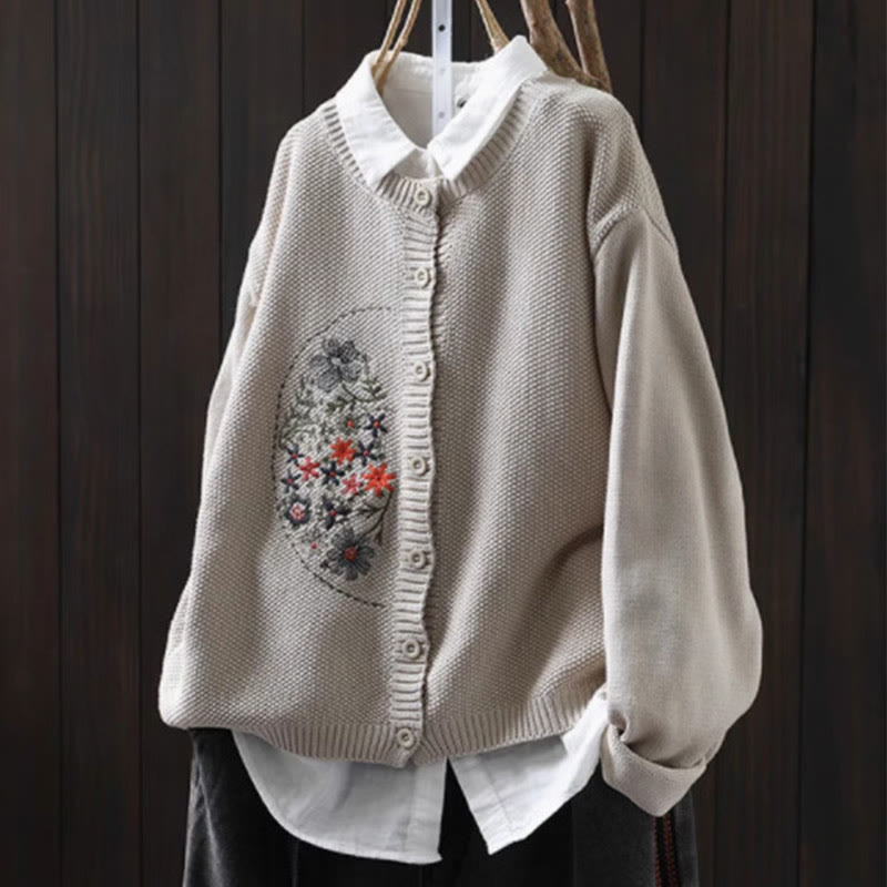Buddha Stones柄刺繍ボタン コットン レディース 長袖 ニットカーディガン セーター - リネン - US4-6、 UK/AU8-10、 EU36-38 (F) - image 14