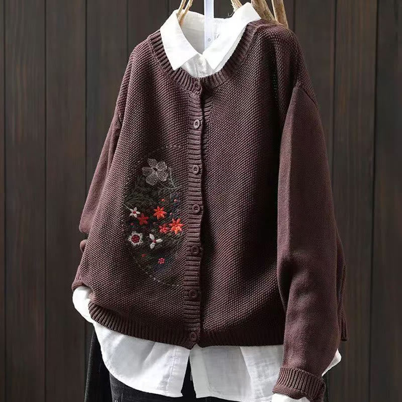 Buddha Stones柄刺繍ボタン コットン レディース 長袖 ニットカーディガン セーター - サドルブラウン - US4-6、 UK/AU8-10、 EU36-38 (F) - image 16