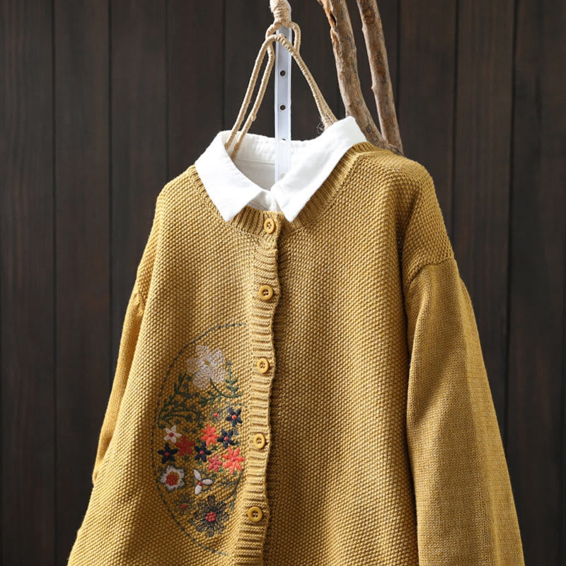 Buddha Stones柄刺繍ボタン コットン レディース 長袖 ニットカーディガン セーター - image 3