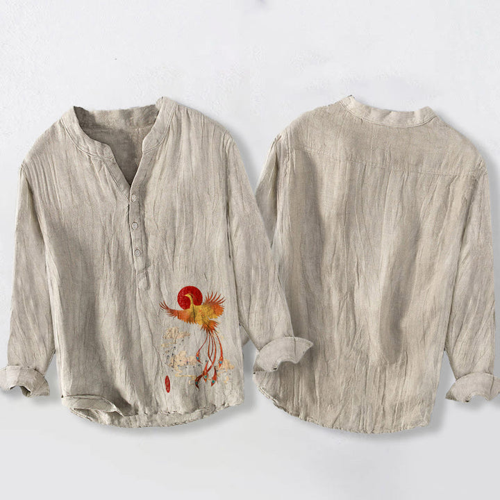 Buddha Stones鳳凰赤太陽雲柄ハーフボタンメンズコットンリネン長袖シャツ - image 5