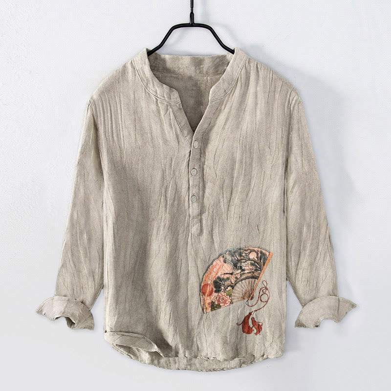 Buddha Stones、扇、鶴、松、牡丹、赤い太陽の半ボタンメンズコットンリネン長袖シャツ - リネン - US/UK/AU50、EU60 (5XL) - image 3