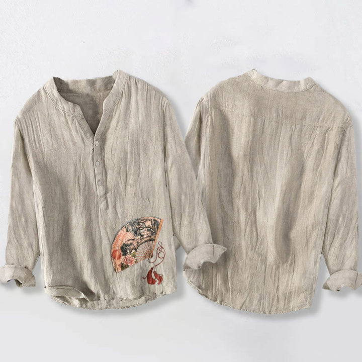 Buddha Stones、扇、鶴、松、牡丹、赤い太陽の半ボタンメンズコットンリネン長袖シャツ - image 5