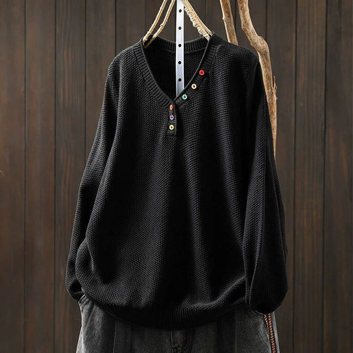 Buddha Stones秋 カラフルボタン Vネック コットン レディース 長袖 ニットセーター - 黒 - US4-6、 UK/AU8-10、 EU36-38 (F) - image 19