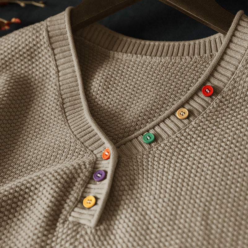 Buddha Stones秋 カラフルボタン Vネック コットン レディース 長袖 ニットセーター - image 3