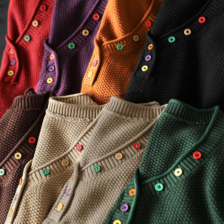 Buddha Stones秋 カラフルボタン Vネック コットン レディース 長袖 ニットセーター - image 21