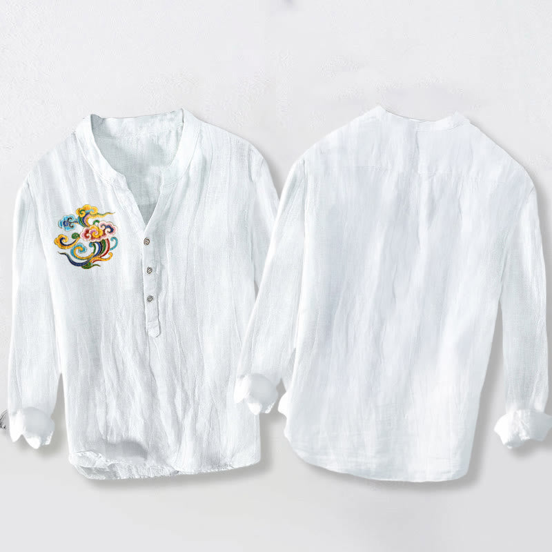 Buddha Stonesとカラフルな縁起の良い雲模様のハーフボタンメンズコットンリネン長袖シャツ - image 8