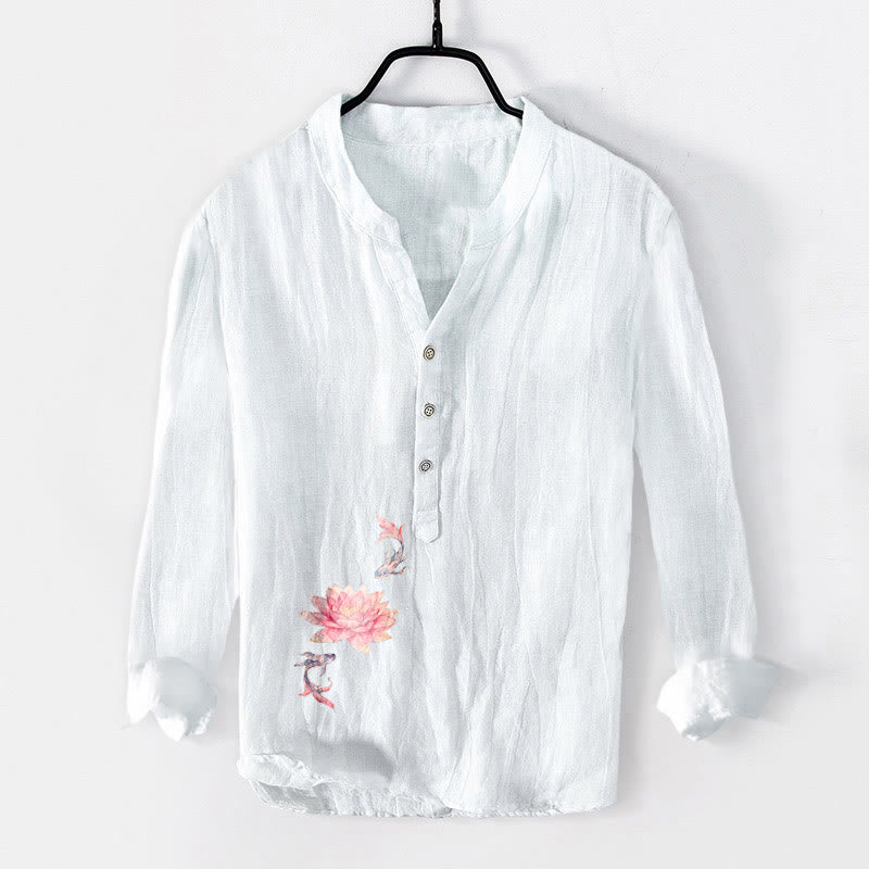 Buddha Stonesと柔らかな色彩の鯉模様のハーフボタンメンズコットンリネン長袖シャツ - 白 - US/UK/AU50、EU60 (5XL) - image 6