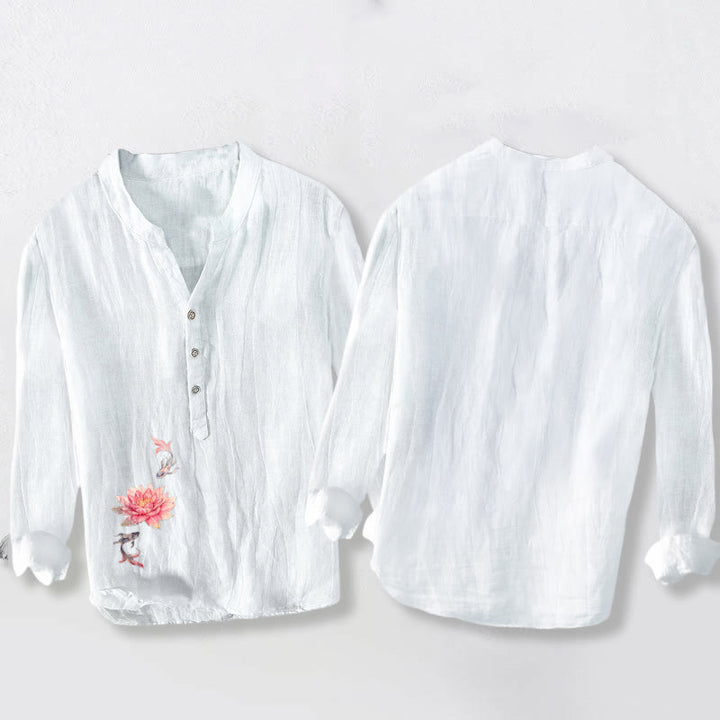 Buddha Stonesと柔らかな色彩の鯉模様のハーフボタンメンズコットンリネン長袖シャツ - image 8