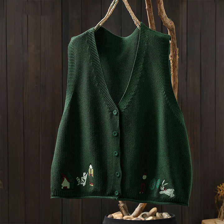 Buddha Stones図 ウサギの木 刺繍ボタン レディース ノースリーブ コットン ニットベスト ウエストコート - image 3