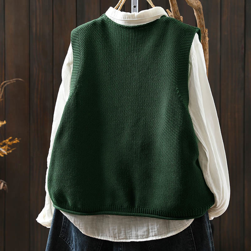 Buddha Stones図 ウサギの木 刺繍ボタン レディース ノースリーブ コットン ニットベスト ウエストコート - image 4