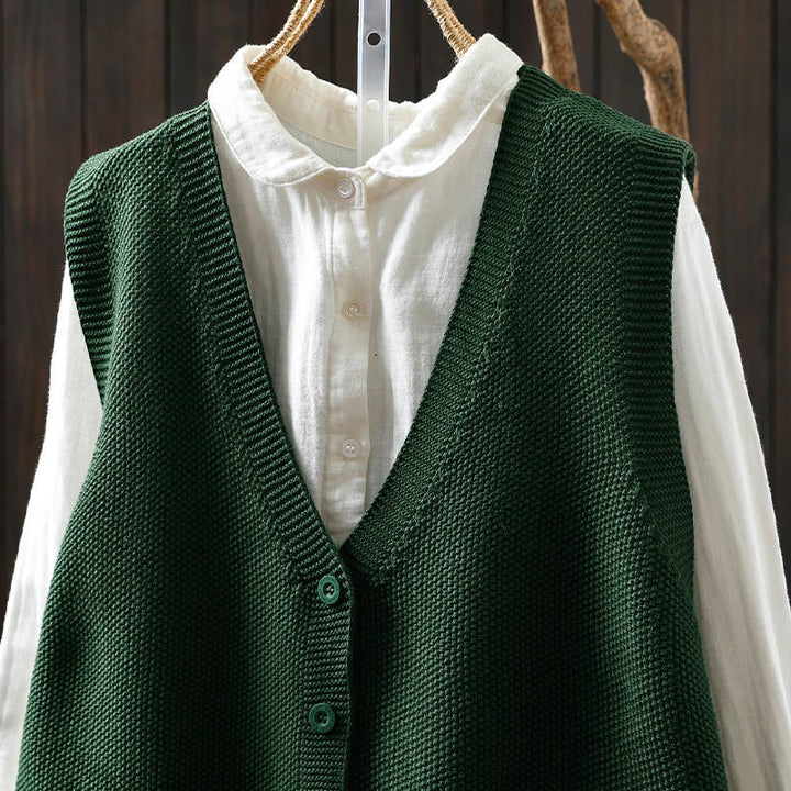 Buddha Stones図 ウサギの木 刺繍ボタン レディース ノースリーブ コットン ニットベスト ウエストコート - image 5