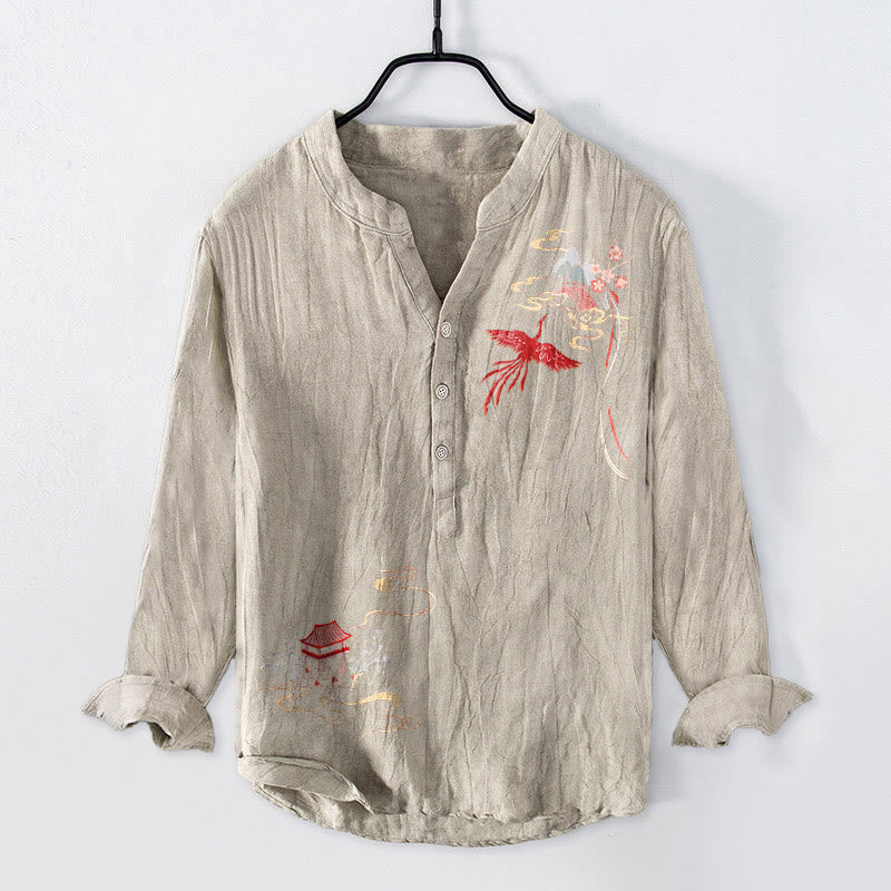 Buddha Stones、鳳凰、雲模様、ハーフボタン、メンズコットンリネン長袖シャツ - リネン - US/UK/AU50、EU60 (5XL) - image 3