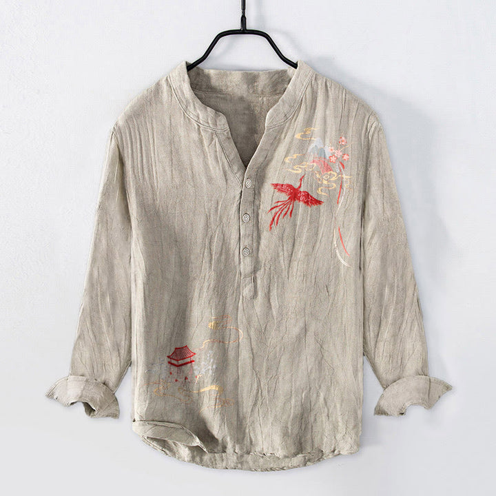 Buddha Stones、鳳凰、雲模様、ハーフボタン、メンズコットンリネン長袖シャツ - リネン - US/UK/AU50、EU60 (5XL) - image 3