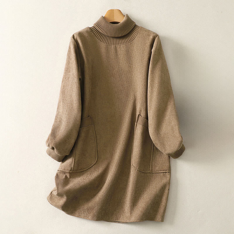 Buddha Stones冬用ハイネック 暖かいコットン レディース 長袖 ミディ丈 ワンピース ポケット付き - バーリーウッド - US14、 UK/AU18、 EU46 (2XL) - image 1