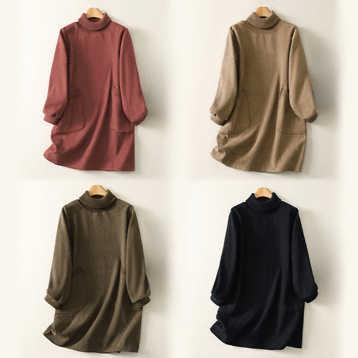 Buddha Stones冬用ハイネック 暖かいコットン レディース 長袖 ミディ丈 ワンピース ポケット付き - image 26