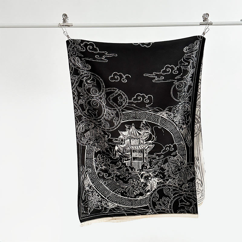 Buddha Stones、秋のパビリオン、鯉、花、波模様の心地よいスカーフショール - image 8