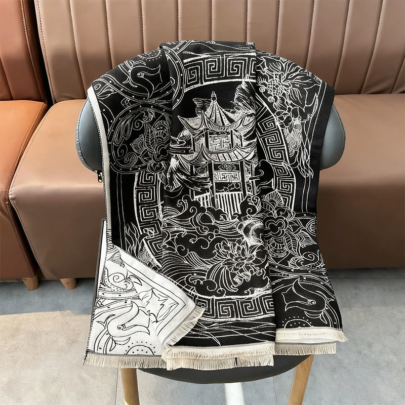 Buddha Stones、秋のパビリオン、鯉、花、波模様の心地よいスカーフショール - image 6