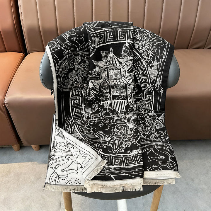 Buddha Stones、秋のパビリオン、鯉、花、波模様の心地よいスカーフショール - image 6