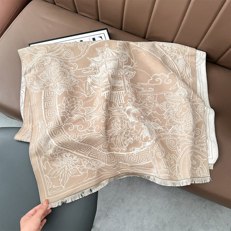 Buddha Stones、秋のパビリオン、鯉、花、波模様の心地よいスカーフショール - パパイヤホイップ - 180×65cm - image 13