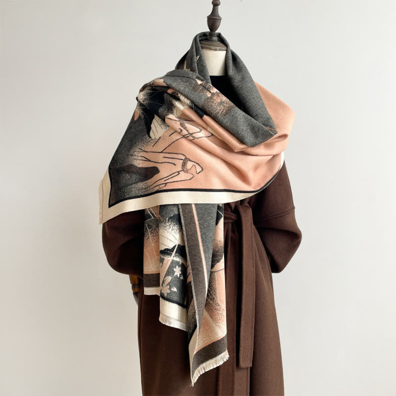 Buddha Stones、冬の山、蓮の花、葉の模様、ソフトスカーフショール - サンディブラウン - 180×65cm - image 0