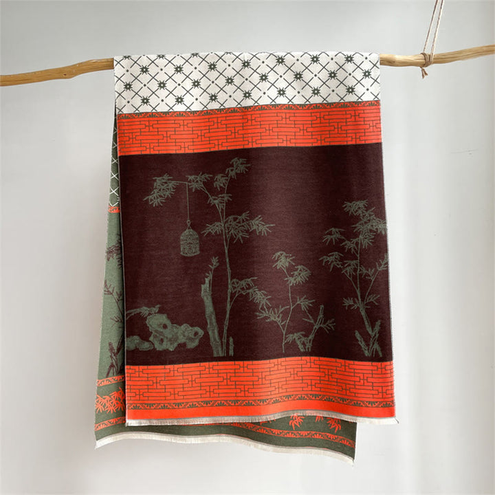 Buddha Stones冬 竹の葉 小鳥柄 心地よいスカーフ ショール - image 11