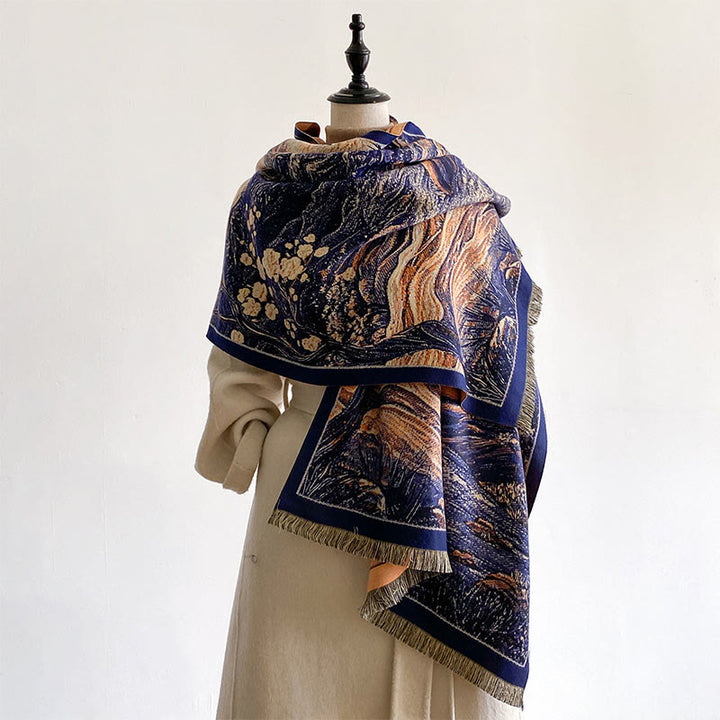 Buddha Stonesの冬のグラデーションカラー、暖かい丘の木のパターン、心地よいスカーフショール - ダークブルー - 185×65cm - image 0