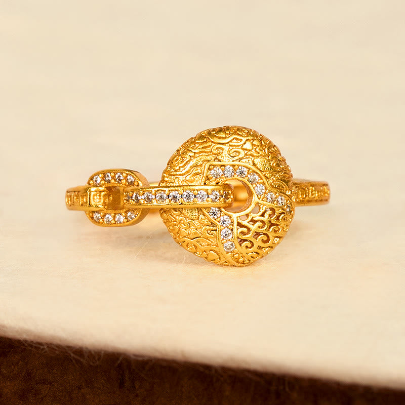Buddha Stones 24Kゴールドメッキ真鍮平和のお守りチャーム調節可能幸運繁栄リング - image 2