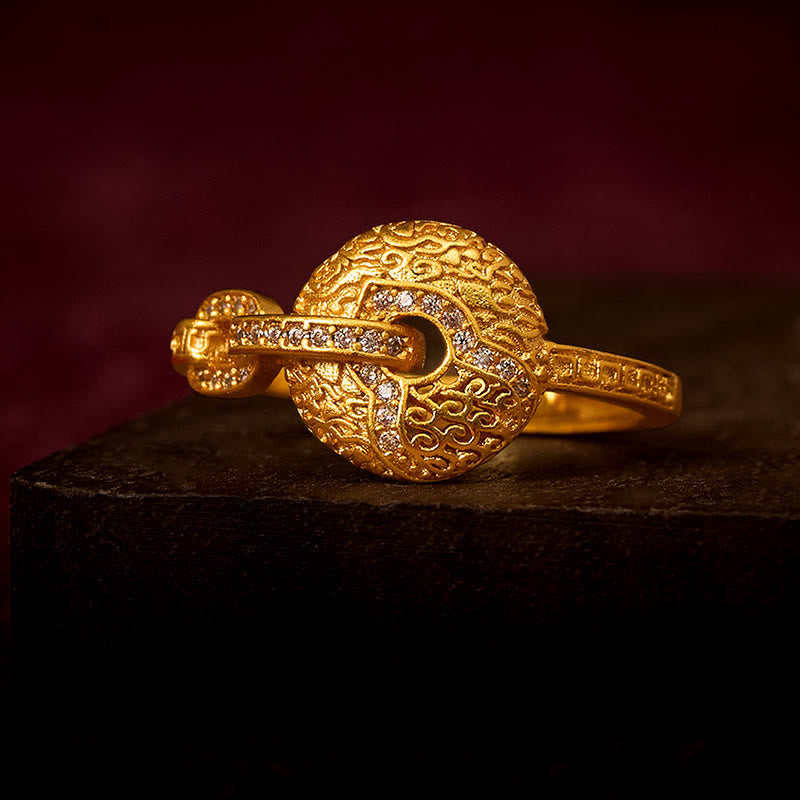 Buddha Stones 24Kゴールドメッキ真鍮平和のお守りチャーム調節可能幸運繁栄リング - 調整可能 - image 0