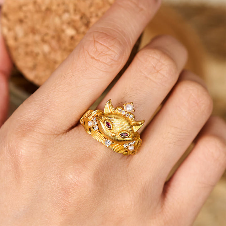 Buddha Stonesフォックスヘッドデザイン 24Kゴールドメッキ 真鍮製 調節可能リング - image 4