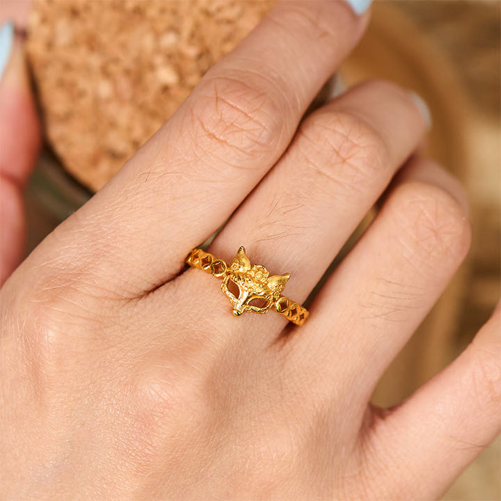 Buddha Stones 24Kゴールドメッキ真鍮フォックスコイン中空デザイン調節可能リング - image 4