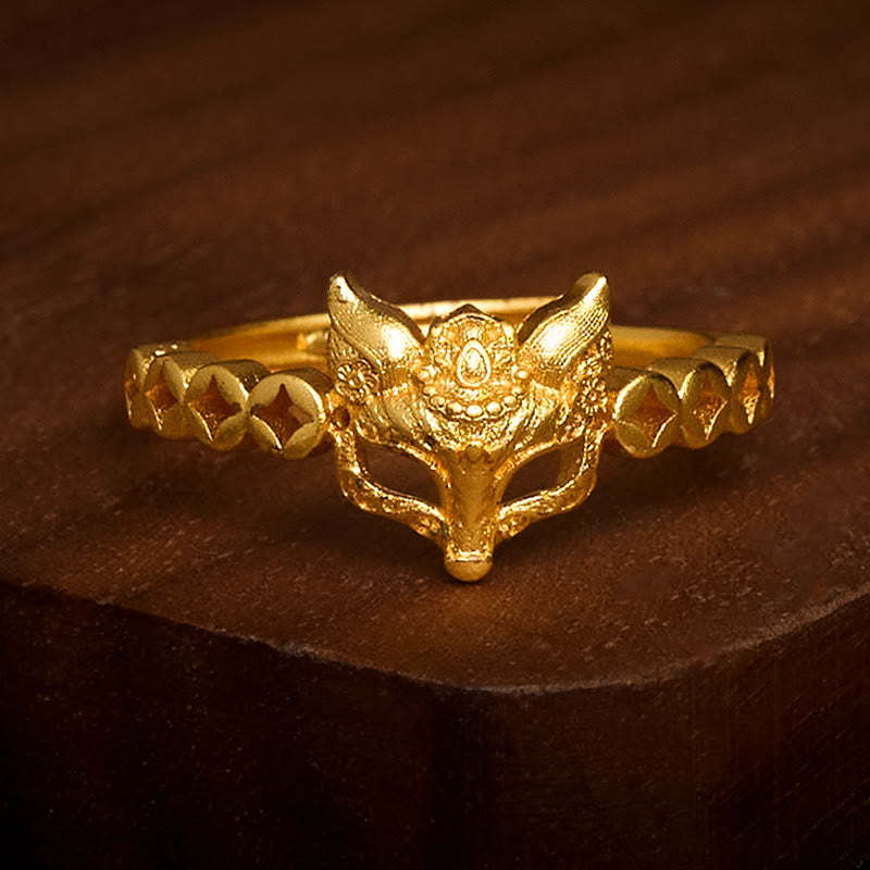 Buddha Stones 24Kゴールドメッキ真鍮フォックスコイン中空デザイン調節可能リング - image 1