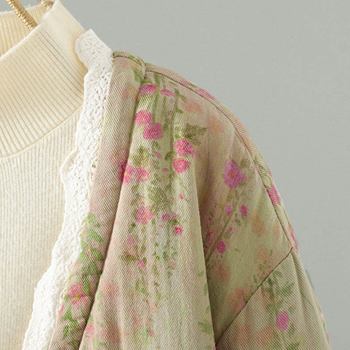 Buddha Stones冬用レースパッチワーク 長袖コットン レディース サーマルジャケット ポケット付き - image 6