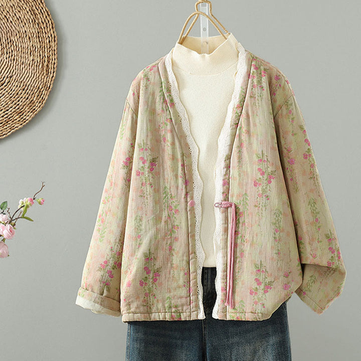 Buddha Stones冬用レースパッチワーク 長袖コットン レディース サーマルジャケット ポケット付き - image 2