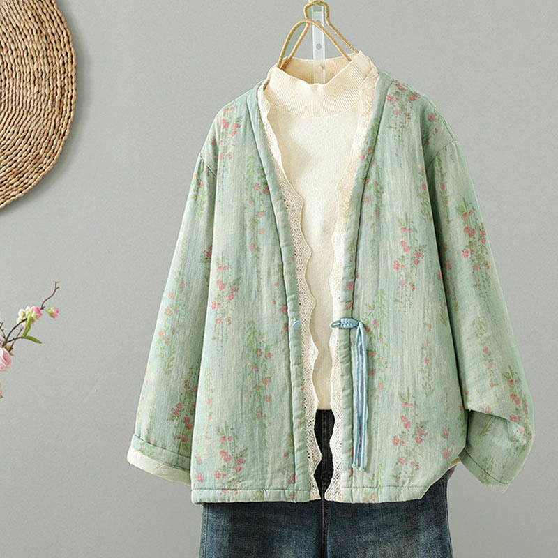 Buddha Stones冬用レースパッチワーク 長袖コットン レディース サーマルジャケット ポケット付き - image 16