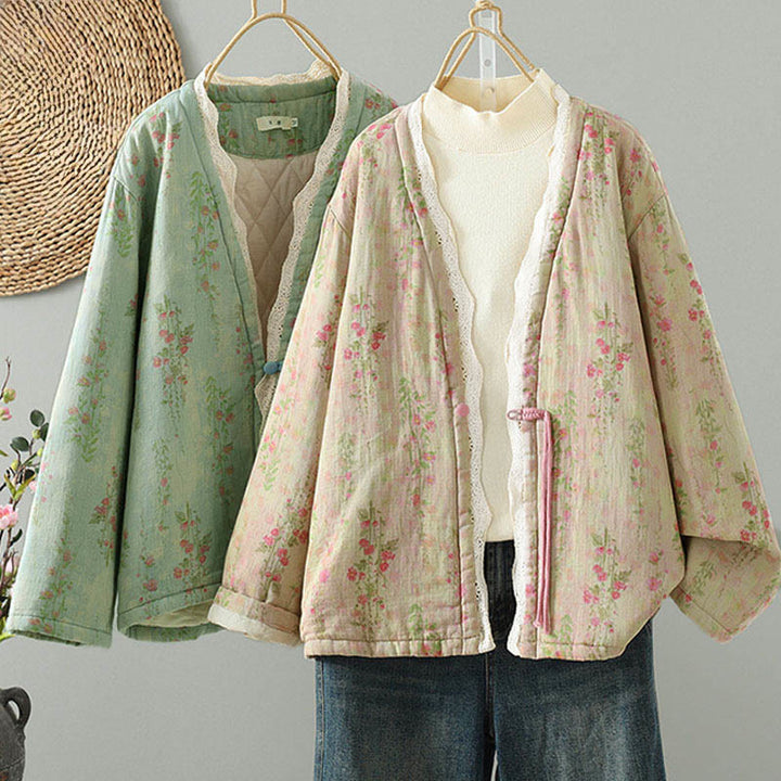 Buddha Stones冬用レースパッチワーク 長袖コットン レディース サーマルジャケット ポケット付き - image 0