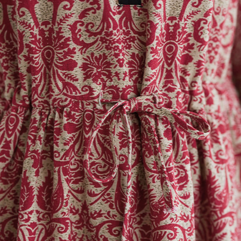 Buddha Stonesエスニックプリント ドローストリング ロングスリーブ コットン ミディドレス ポケット付き - image 14