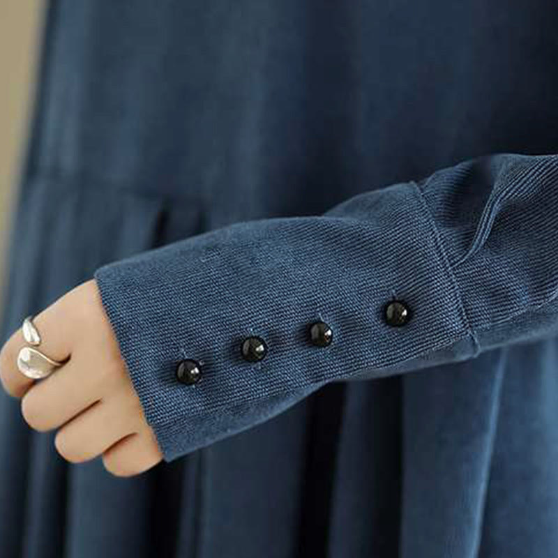 Buddha Stones秋冬 無地 ダークブルー 長袖 コーデュロイ ミディドレス ポケット付き - image 10