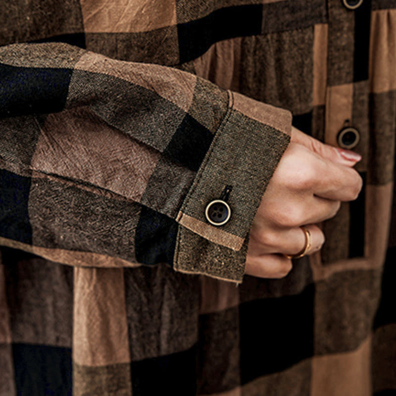 Buddha Stones通勤用パッチワークカラーチェック柄ロングスリーブコットンミディドレス - image 11