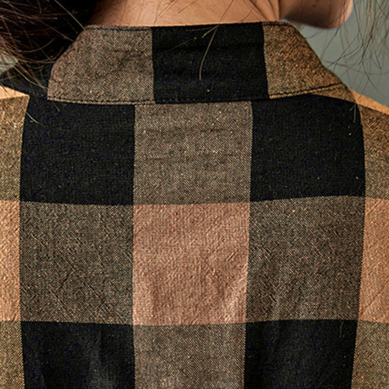 Buddha Stones通勤用パッチワークカラーチェック柄ロングスリーブコットンミディドレス - image 10