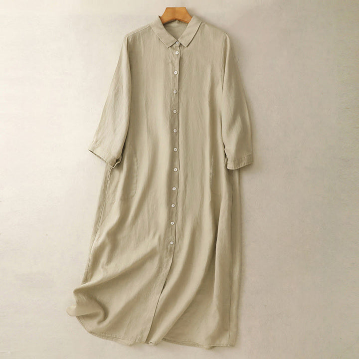 Buddha Stones秋の通勤用無地ボタンデザイン長袖コットンミディドレス（ポケット付き） - ペールゴールデンロッド - US8-10，UK/AU12-14，EU40-42 (2XL) - image 9