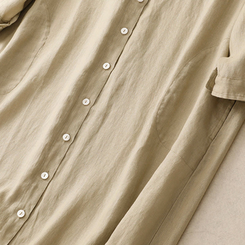 Buddha Stones秋の通勤用無地ボタンデザイン長袖コットンミディドレス（ポケット付き） - image 13