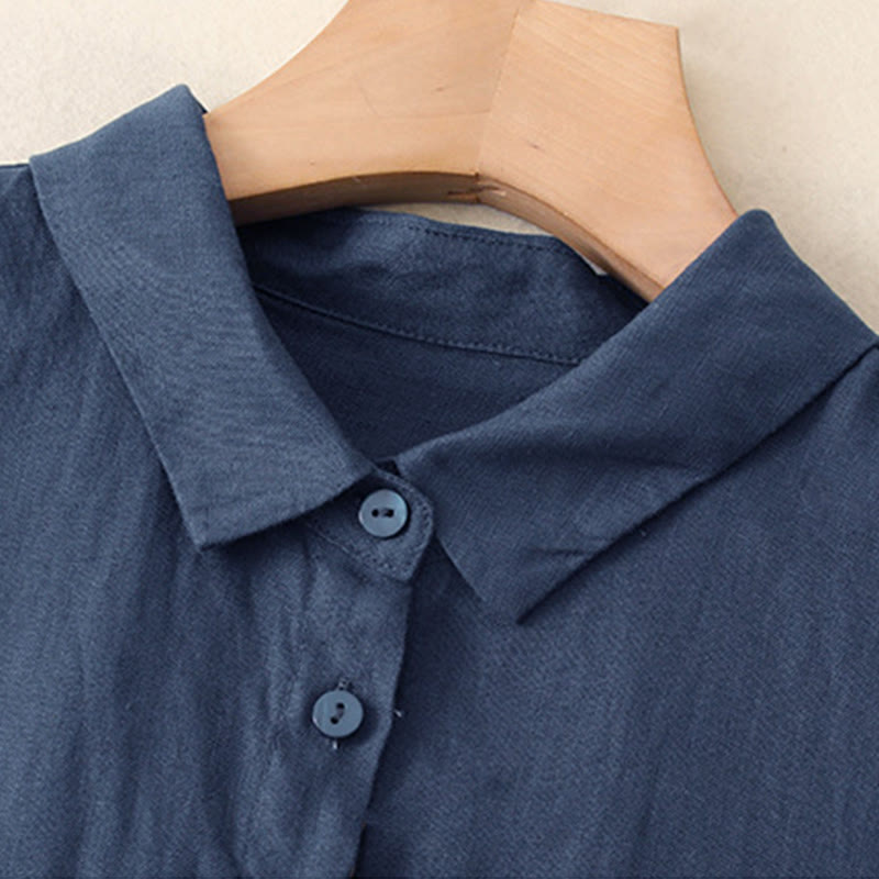 Buddha Stones秋の通勤用無地ボタンデザイン長袖コットンミディドレス（ポケット付き） - image 2