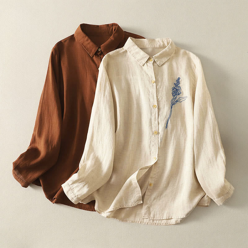 Buddha Stones春の刺繍フラワー 長袖 レディース ボタンシャツ - image 0