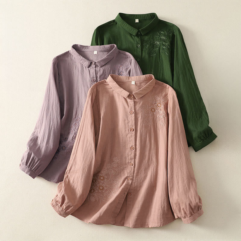 Buddha Stones刺繍花つる柄長袖レディースラペルシャツ - image 0