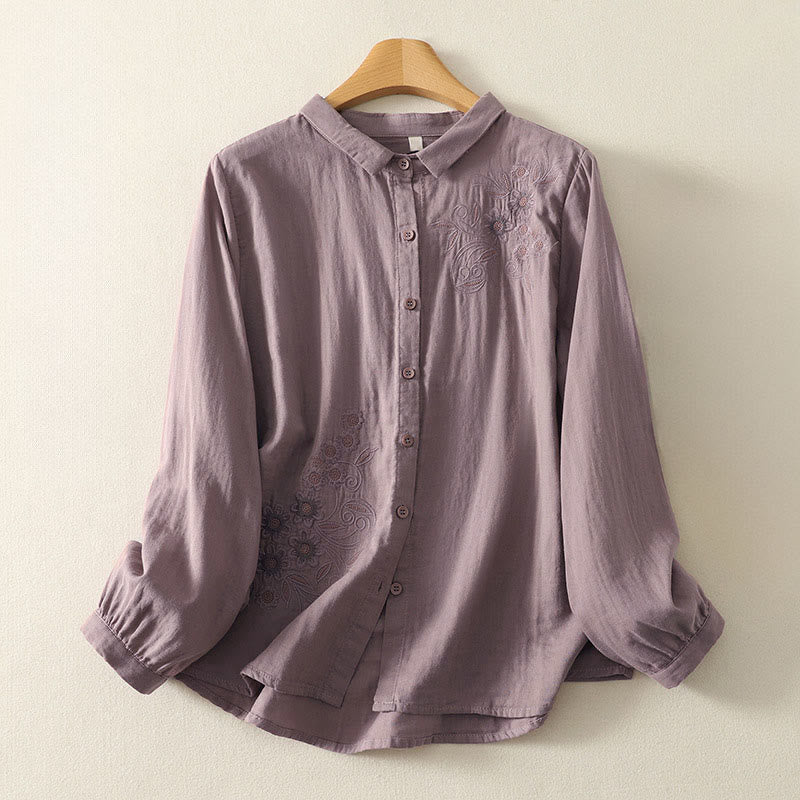 Buddha Stones刺繍花つる柄長袖レディースラペルシャツ - ロージーブラウン - US8-10，UK/AU12-14，EU40-42 (2XL) - image 17