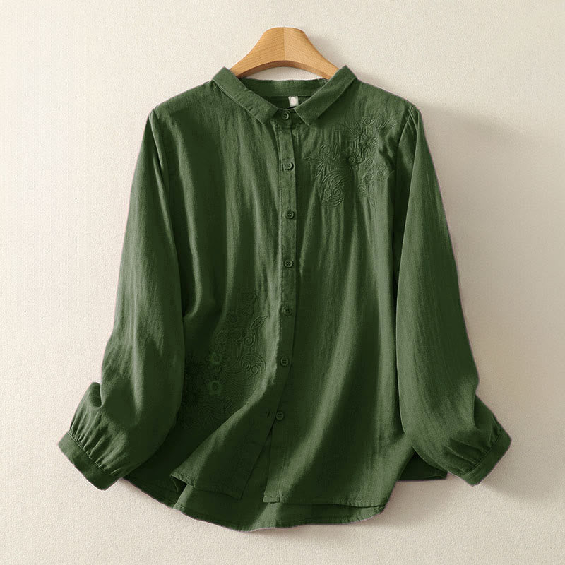 Buddha Stones刺繍花つる柄長袖レディースラペルシャツ - ダークグリーン - US8-10，UK/AU12-14，EU40-42 (2XL) - image 1
