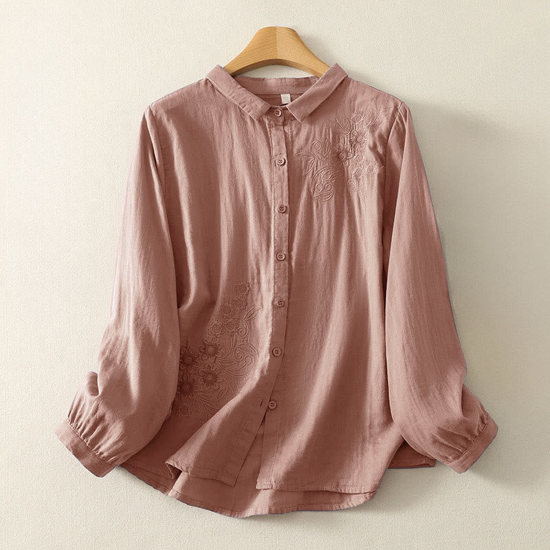 Buddha Stones刺繍花つる柄長袖レディースラペルシャツ - ダークサーモン - US8-10，UK/AU12-14，EU40-42 (2XL) - image 7